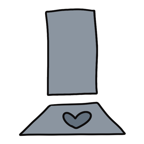 light blue vertical rectangle with light blue trapazoid below it that has a darker blue heart on it. icon resembles a door with a welcome mat.